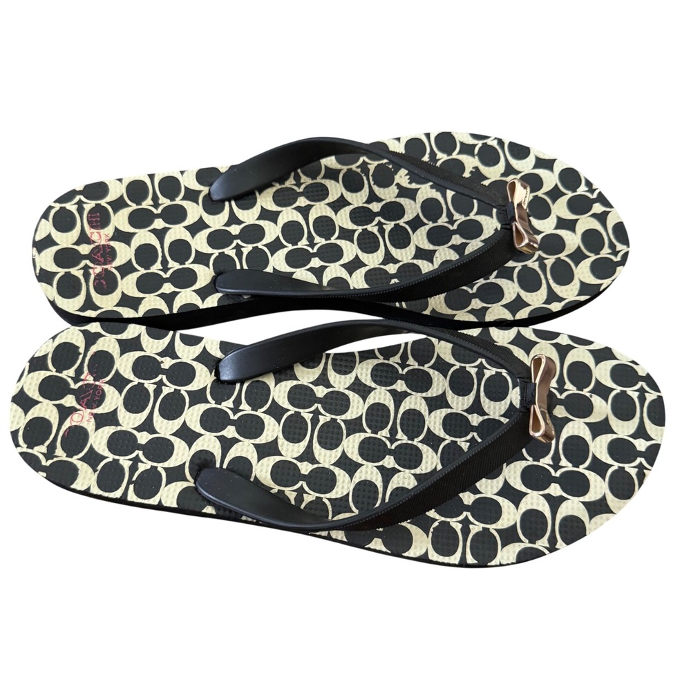 Coach Signature Amel Flip Flop Sandals Black Monogram Bow Women Size 7/8